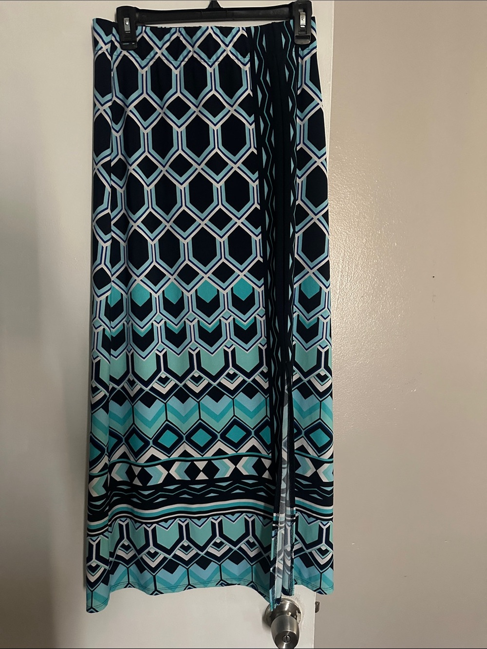 Chicos Geométrica Print Maxi Skirt in Teal and Navy